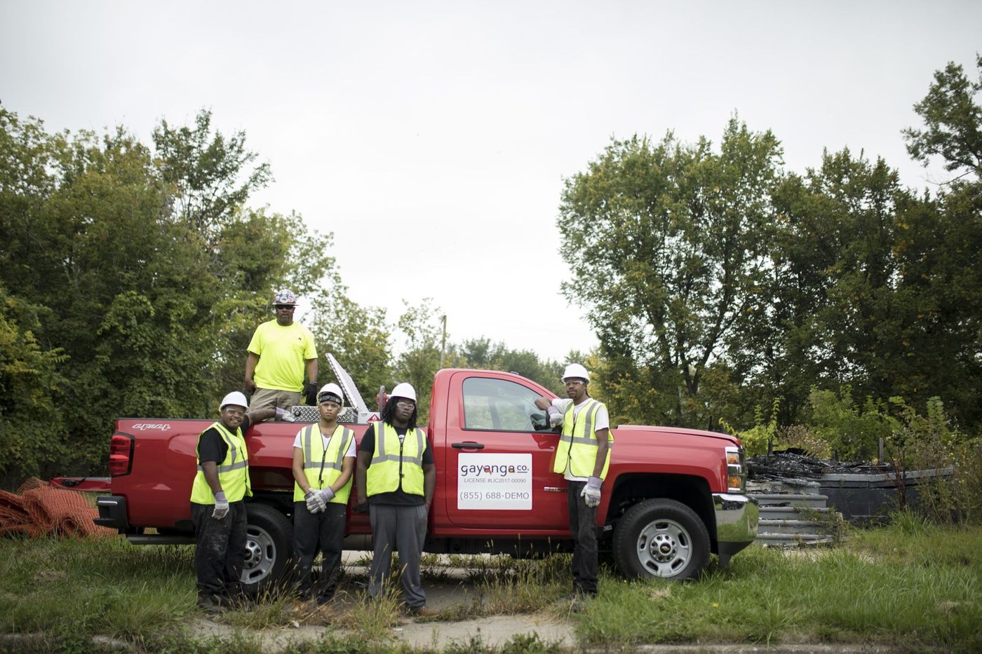 The first Gayanga crew with a company pickup on a Detroit demolition site, 2017