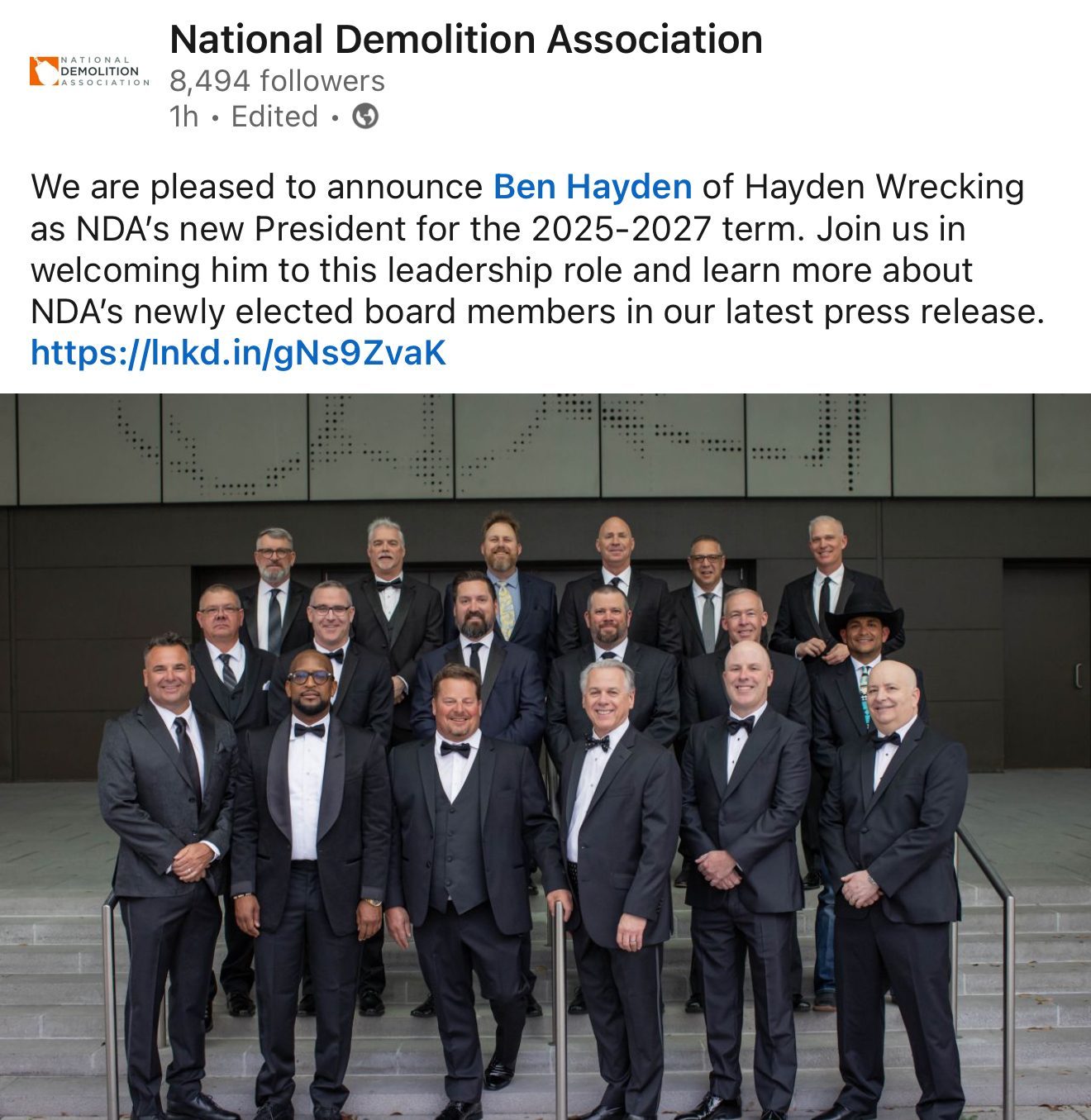 The National Demolition Association Board of Directors, with Brian McKinney front row
