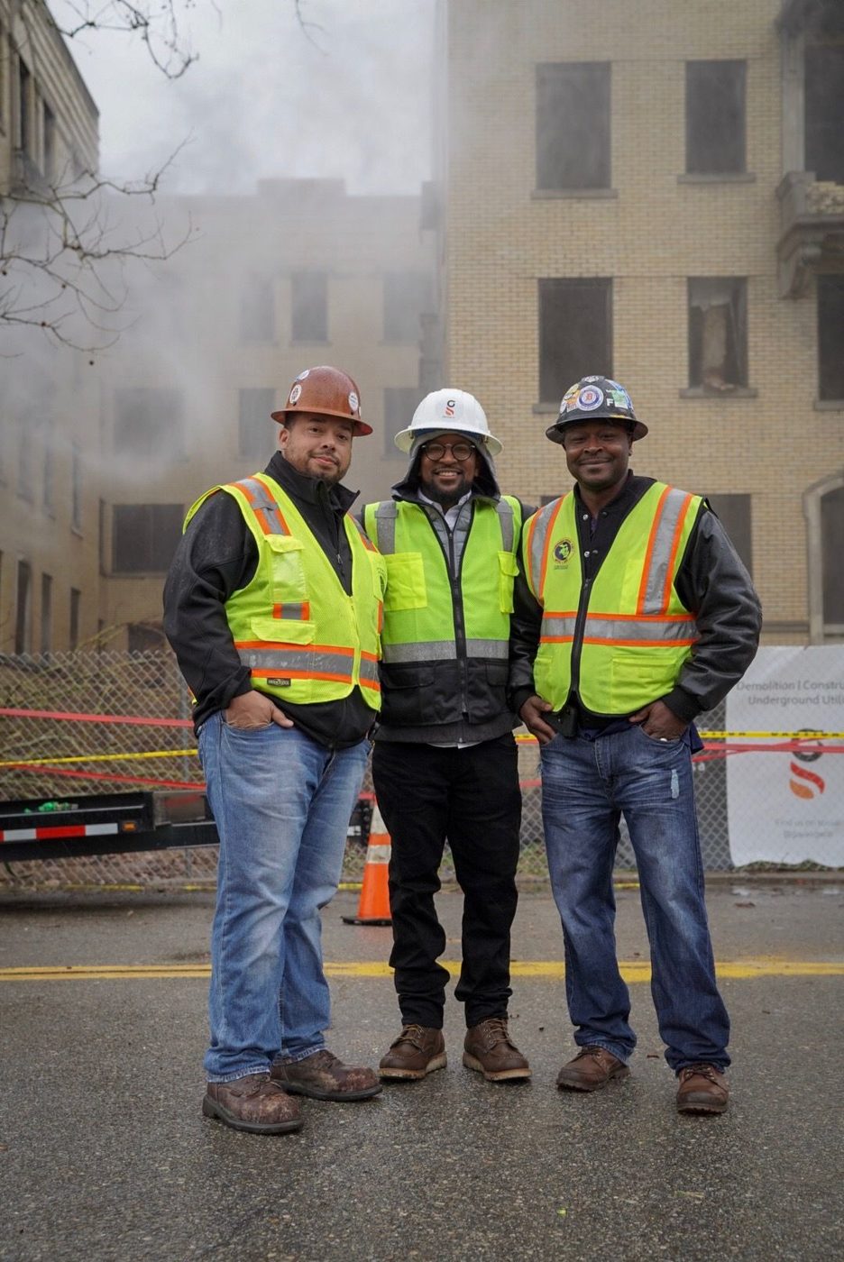 Brian McKinney with Operating Engineers Local 324 and Laborers Local 1191 representatives at the Historic Woodland demolition, 2019
